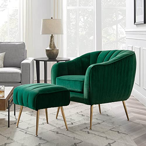 Altrobene Velvet Accent Chair with Ottoman, Modern Tufted Barrel Chair Ottoman Set for Living Room Bedroom, Golden Finished, Christmas Green