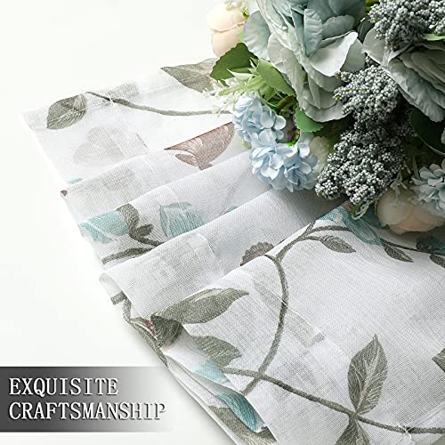 Tollpiz Short Sheer Floral Tier Curtains Blue Flower Butterfly Printed Half Window Curtain Rod Pocket Kitchen Voile Faux Linen Curtains for Bathroom, 30 x 24 inches Long, Set of 2 Panels