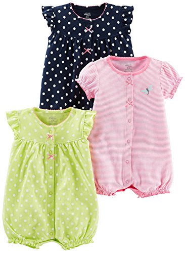 Simple Joys by Carter's Baby Girls' Snap-up Rompers, Pack of 3, Navy/Pink/Yellow, Dots/Stripe, 0-3 Months