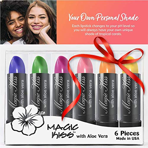 Pack of 6 Magic Kiss Color Changing Aloe Vera Lipstick Set Made in USA (Colors of Aloha 1)