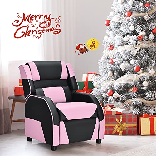 Costzon Kids Recliner, Gaming Recliner Chair w/Footrest, Headrest & Lumbar Support, Ergonomic Leather Lounge Chair for Living & Gaming Room, Adjustable Racing Style Sofa for Children Boys Girls, Pink