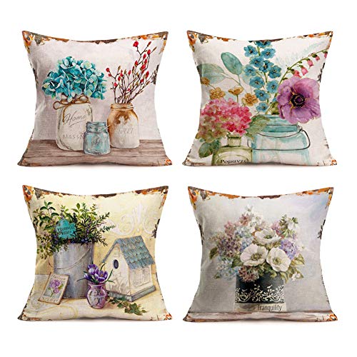 Smilyard French Vintage Rustic Pillow Covers Plant Floral Pink Peach Blossom Blue Hyacinth Print Throw Pillowcase Cotton Linen Cushion Cover Square for Home 18x18 Inch Set of 4 (Rustic Flower Set)