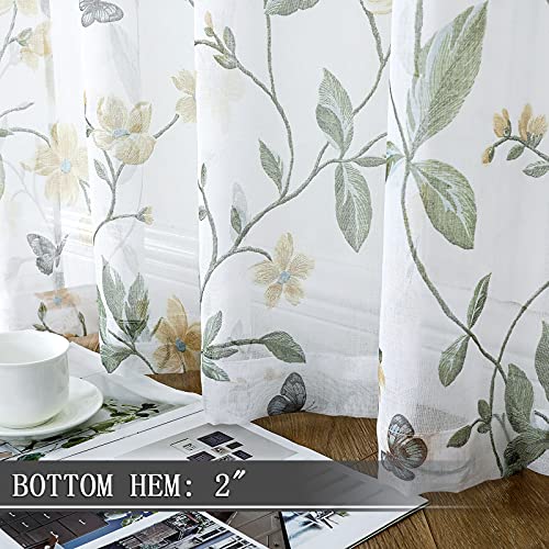 Tollpiz Short Sheer Floral Tier Curtains Yellow Flower Butterfly Printed Half Window Curtain Rod Pocket Kitchen Voile Faux Linen Curtains for Bathroom, 30 x 24 inches Long, Set of 2 Panels