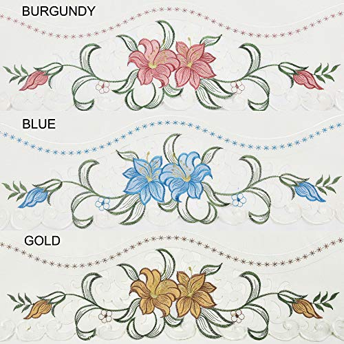 Lily Fragrance. 3pcs Multi-Color Embroidery Kitchen Cafe Curtain Set Swag and Tiers Set with cutworks. (Blue)