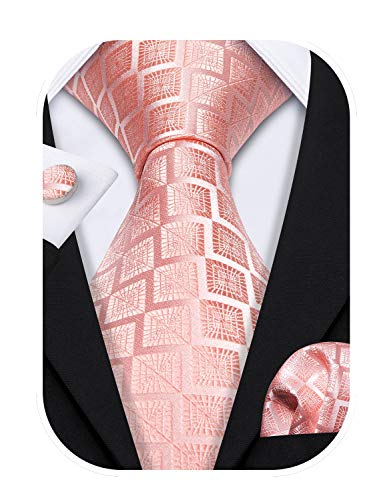 Barry.Wang Mens Ties Silk Tie Pocket Square Cufflinks Set Woven Designer Blush Pink