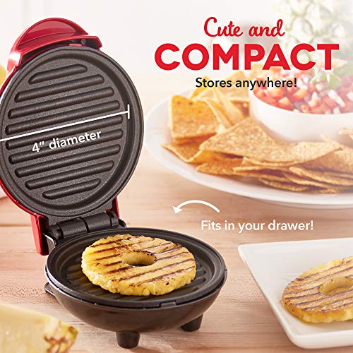 Dash Mini Maker Portable Grill Machine + Panini Press for Gourmet Burgers, Sandwiches, Chicken + Other On the Go Breakfast, Lunch, or Snacks with Recipe Guide - Red
