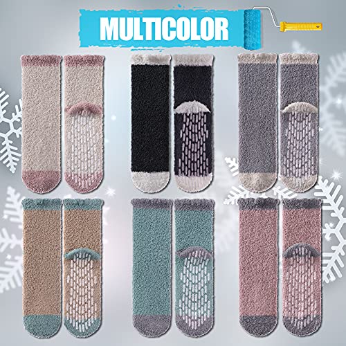6 Pairs Non Slip Fuzzy Socks for Womens with Grips Anti Slip Soft Fluffy Cozy Winter Warm Slipper Socks (6 Pairs Multicolor Fuzzy Socks A)