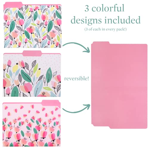 Thick & Sturdy Reversible Pink Poppies Tabbed File Folders w/Sticker Labels, Set of 9