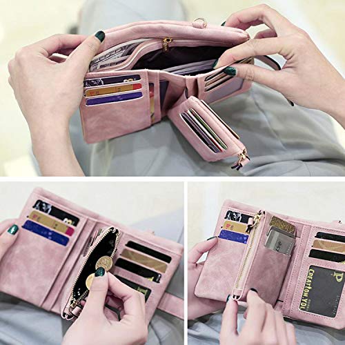 Womens Small Bifold Leather Wallets Rfid Ladies Wristlet with Card slots id window Zipper Coin Purse Pink