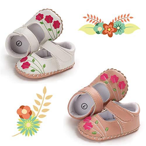 Infant Baby Girl's Handmade Soft PU Leather Non-Slip Princess Flats First Walkers, Pink Daisies