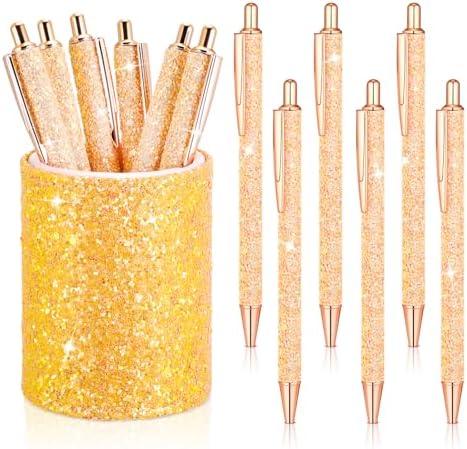 Bling Sequin Pen Holder with 6 Pcs Sequin Click Pens Cute Sequin Glitter Retractable Ballpoint Pens, Pencil Cups for Desk Organizer Makeup Brush Holder for Women Girls Classroom Offices (Pink)