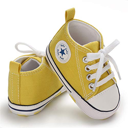 Baby or Toddler Girls or Boys Canvas Sneakers, Soft Sole, High Top First Walkers Shoes, 22 colors  (Yellow)