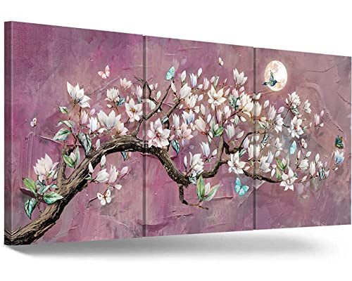 RAMEER Cherry Blossom Wall Art Purple Wall Decor Living Room Art Pink Flower Painting Butterfly Moon Night Pictures Canvas Prints Decor for Bedroom Bathroom Home Office Decor 36x16in