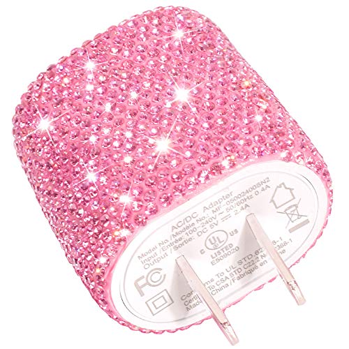 USB Wall Charger Bling 5V/2.4A 24W Dual Port Fast Charger Plug Cell Phone Block Adapter Pink for iPhone Android Samsung iPad Tablet etc.
