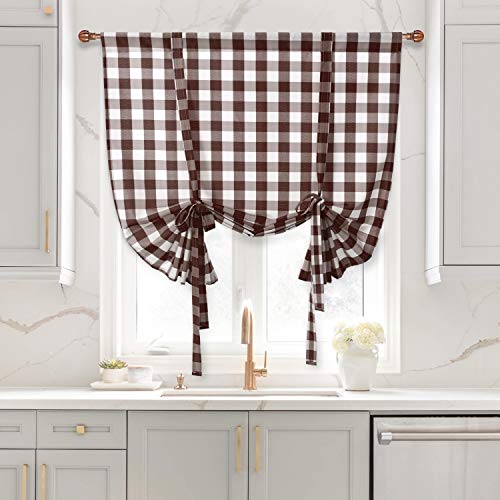 Hiasan Buffalo Check Tie Up Curtains for Windows - Rod Pocket Semi Sheer Light Filtering Kitchen Curtains, Coffee, 42 x 63 Inches, 1 Panel