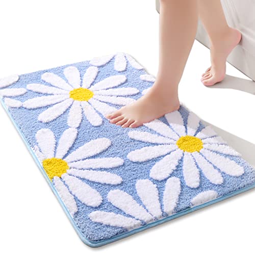 Blue Bathroom Rugs Cute Daisy Bath Mat White and Yellow Flower Decor Rug Non Slip Floor Carpet Microfiber Bathmat Super Absorbent Machine Washable Bahtub Mats for Shower, Tub, Bedroom 16