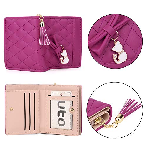 UTO Women PU Leather Small Wallet Cat Pendant Card Phone Holder Zipper Coin Purse Zoey Rose Pink