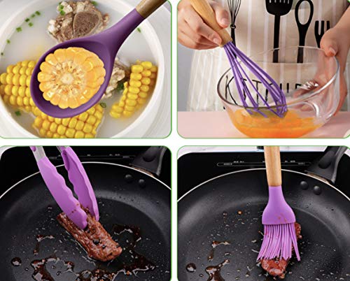 Kitchen Cooking Utensils Set 12 Pieces Silicone Wooden Handle High Heat Resistance Premium Silicone Kitchen Gadgets Spatula Set with Holder BPA Free (Purple)