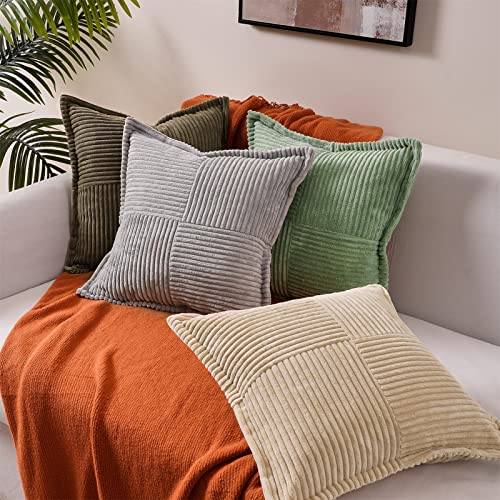 Topfinel 2 Packs Wide-Brimmed Throw Pillow Cover with Splicing 18x18 Inch, Farmhouse Home Decor, Cozy Corduroy Accent Decorative Throw Pillows Cushion Case for Living Room Couch Bed Sofa(Sage Green)