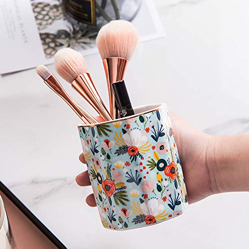 Ceramic Desk Organizer, Pencil Cup, Pen Holder, Makeup Brush Holder for Office, Classroom, Bathroom - Mint Flowers