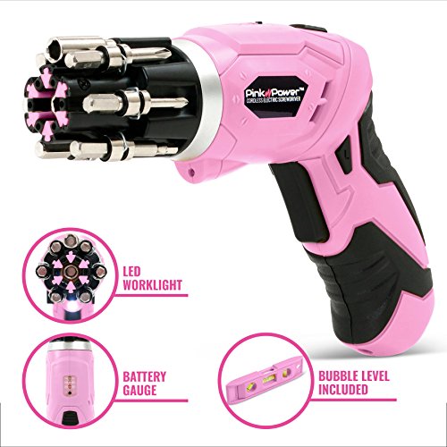 Pink Power 3.6 Volt Rechargeable Cordless Electric Screwdriver Set, Power Tool Set for Women