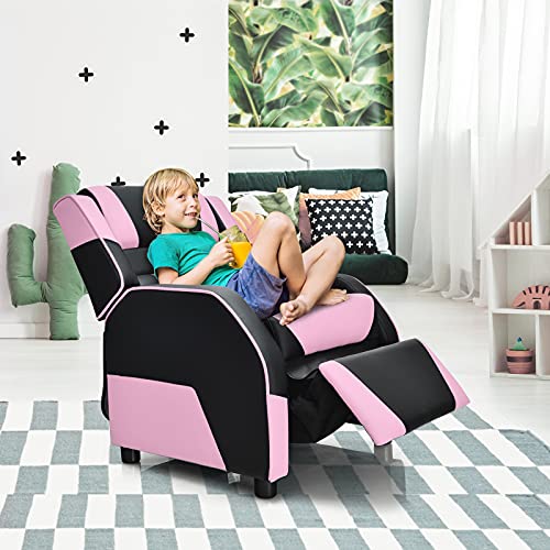 Costzon Kids Recliner, Gaming Recliner Chair w/Footrest, Headrest & Lumbar Support, Ergonomic Leather Lounge Chair for Living & Gaming Room, Adjustable Racing Style Sofa for Children Boys Girls, Pink