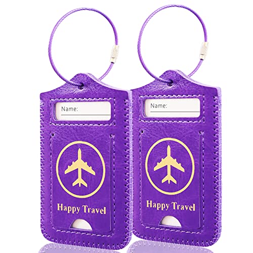 Luggage Tags, ACdream Leather Case Luggage Bag Tags Travel Tags 2 Pieces Set, Purple