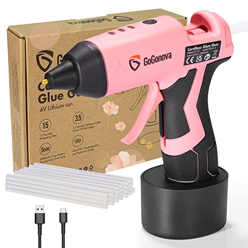Pink Cordless Hot Glue Gun w/Mini Glue Sticks, Fast Preheating, Built-in Battery, USB-C Charging Port, Smart Power Off