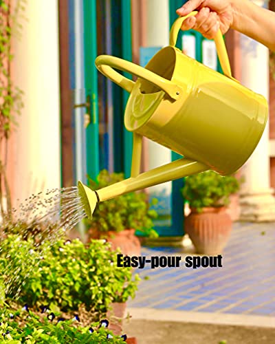 Joequality Watering Can for Outdoor Plants，1 Gallon Metal Plant Watering Can with Detachable Diffuser Spout，Galvanized Steel Gardening Tools，Yellow