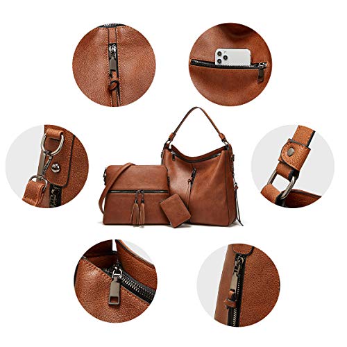 Women Fashion Handbags Tote Bag Shoulder Bag Top Handle Satchel Purse Set 3pcs (Brown-C)