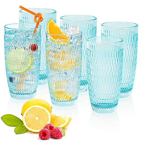 CREATIVELAND Highball Beverage Glasses Set of 6 TURQUOISE Colored Thick & Heavy Base Big Capacity 14.87oz|440ml, Drinking Glass Tumbler for Iced Tea, Water, Soda & Juice and Cocktails etc