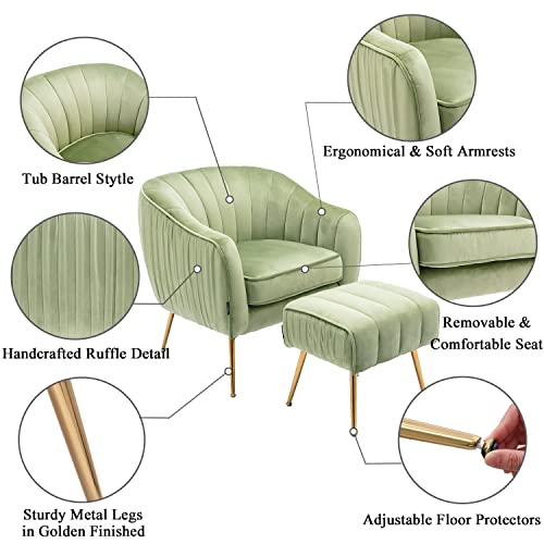 Altrobene Velvet Accent Chair with Ottoman, Modern Tub Arm Chair Footstool Set for Living Room Bedroom, Golden Finished, Grass Green
