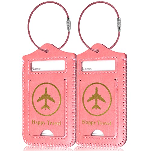 ACdream Luggage Tags 2 Pack, Leather Suitcase Tags Identifiers, Cute Cruise ID Labels with Privacy Cover fits on Backpack, Travel Bag, for Women, Men, Adults, Kids, Light Pink