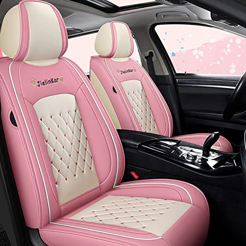 Car Seat Covers Full Set Universal Auto Interior Accessories with Waterproof PU Leather for Cars SUV Pick-up Truck (Pink-White)