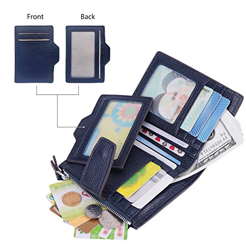 AINIMOER Women's RFID Blocking Leather Small Compact Bi-fold Zipper Pocket Wallet Card Case Purse (Lichee Navy Blue)