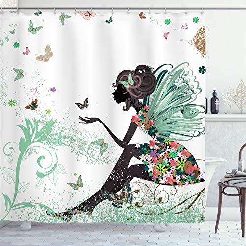 Ambesonne Fantasy Shower Curtain, Spring Girl Wings in a Floral Dress Surreal Garden Butterflies Print, Cloth Fabric Bathroom Decor Set with Hooks, 69" W x 70" L, Pale Green