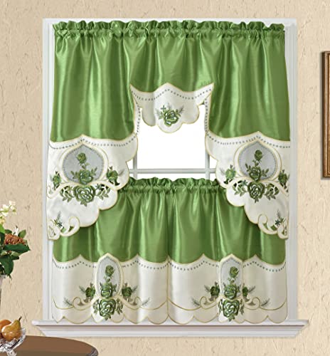 GOHD GOLDEN OCEAN HOME DECOR Rose Melody. 3pcs Kitchen Cafe Curtain Set. Swag and 24 inches Tiers Set for Small Windows. Nice Matching Color Rose Embroidery on Border and Inserted Organza. (Green)
