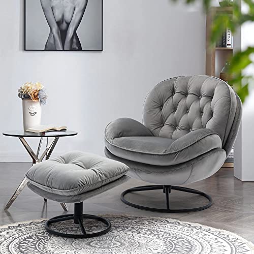Baysitone Accent Chair with Ottoman,360 Degree Swivel Velvet Accent Chair, Lounge Armchair with Metal Base Frame for Living Room, Bedroom, Reading Room, Home Office (Gray)
