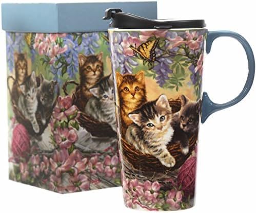 17oz Ceramic Hot/Cold Coffee or Tea Tall Travel Mug w/Lid & Matching Gift Box, Flowers and Kittens 2