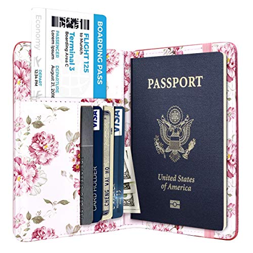 Passport Holder Cover Travel Wallet RFID Blocking Cute Flowers Passport Wallet with Elastic Band for Women,Red