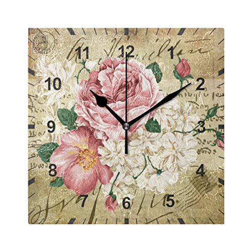Vintage Shabby Chic Pink Rose Flowers Non-Ticking Silent Wall Clock