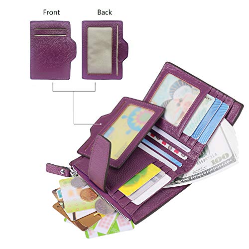 AINIMOER Women's RFID Blocking Leather Small Compact Bi-fold Zipper Pocket Wallet Card Case Purse (Lichee Dark Magenta)
