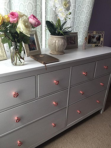 DLD Knobs, 8Pcs Elegant Pink Rose Pulls Flower Ceramic Cabinet Knobs Cupboard Drawer Pull Handles + Scre