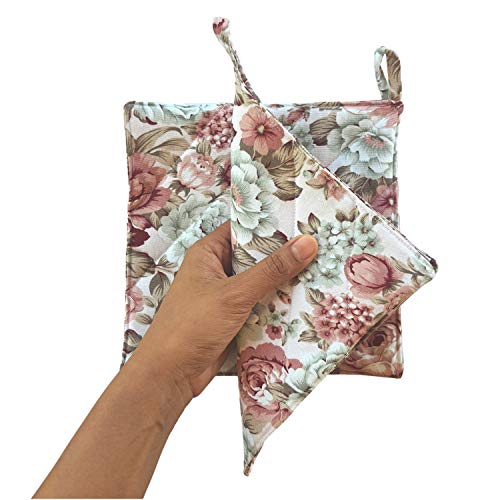 CUSHYSTORE Canvas Pot Holder Oven Pads Potholders for Cooking Kitchen 7.75", 2 Packs (Pink Rose Flower)