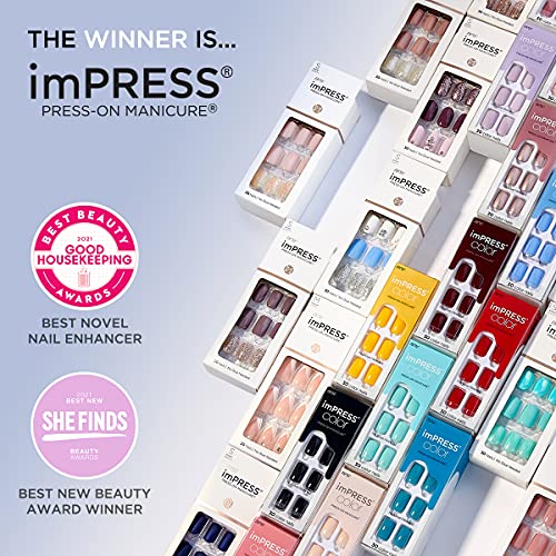 KISS imPRESS Color Press-On Manicure, Gel Nail Kit, PureFit Technology, Short Length, “Frosting”, Polish-Free Solid Color Mani, Includes Prep Pad, Mini File, Cuticle Stick, and 30 Fake Nails