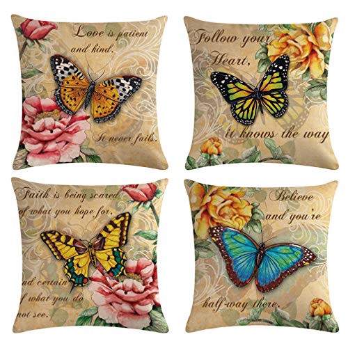 ULOVE LOVE YOURSELF Butterfly Pattern Throw Pillow Covers Vintage Style Home Decorative Cushion Cover Yellow&Pink Flowers Pillowcase 18”×18”,4Pack (Butterfly Pattern)