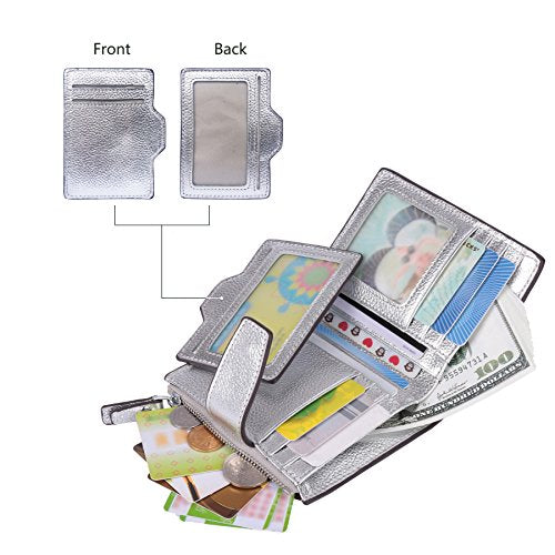AINIMOER Women's RFID Blocking Leather Small Compact Bi-fold Zipper Pocket Wallet Card Case Purse (Lichee Silver)