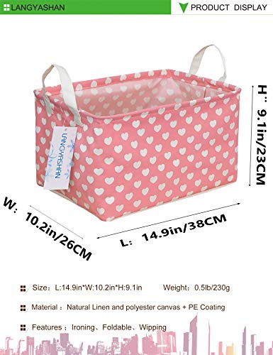 Rectangle Canvas Collapsible Storage Basket w/Handles for Toys, Laundry, Office, Closets (Pink and White Hearts)