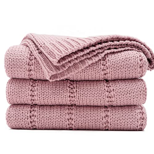 RECYCO Acrylic Solid Color Knitted Throw Blanket 50"x60" Cable Textured Decorative Throw Blanket for Couch Chairs Bedroom Office Home Decor (Pink)