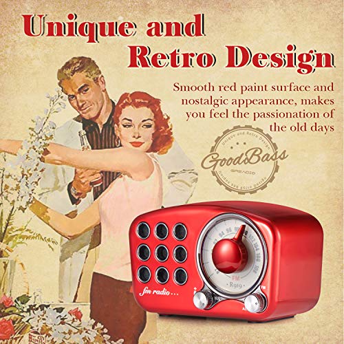Retro Vintage FM Radio Bluetooth 4.2 Wireless Speaker w/Volume & Bass Enhancement, Pink or Red